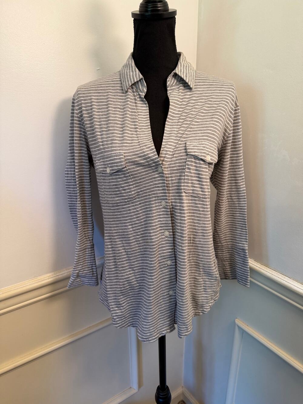 Standard James Perse Gray & White Striped Collar V Neck Button-Down Shirt Pocket